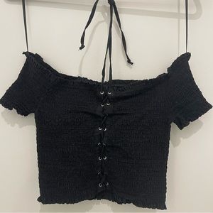 Black smocked lace up crop top